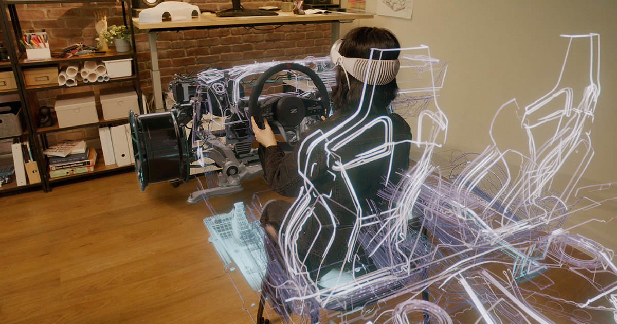 A person using a virtual-reality headset in an NVIDIA VRWorks rendering demonstration