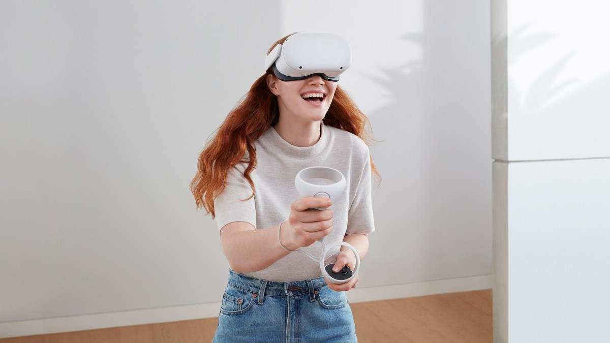 A person wearing the Oculus Quest 2 virtual-reality headset